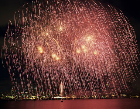 Washington State, Seattle. Fireworks on July 4th, at Gasworks Park, Space Needle in background