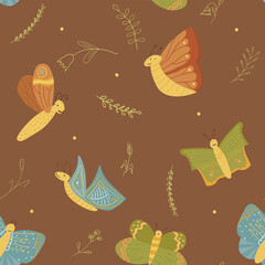 Brown vector seamless pattern with butterflies. Hand drawn ornament for fabrics, linen, wrapping paper and other surface designs. Tender colors and cute elements for your design