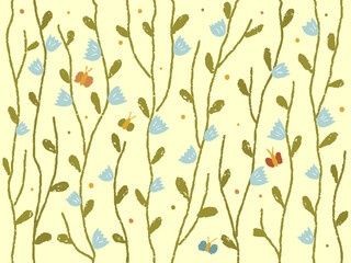 Vector seamless pattern with textured branches and small butterflies. Hand drawn ornament for fabrics, linen, wrapping paper and other surface designs. Tender colors and cute elements for your design