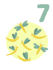 Counting from 1 to 10. Number 7, page with colorful illustration. Flying dragonflies. Composition for books, cards, posters