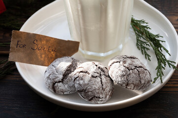 Close-up of chocolate cookies for Santa, Christmas concept.