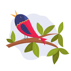 Vector illustration, colorful bird singing on the branch. Flat style illustration for commercial designs, banners, prints, advertising, nature protection company. Flat design with texture