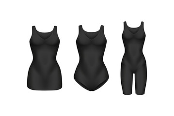 corrective lingerie shapewear 3d realistic vector illustration set. Beige silk underwear isolated on white. Front view. Body shaper. Lifting suits. Sexy corset tightening. Panty seductive black.