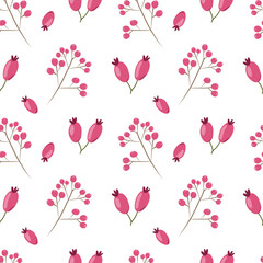 Vector seamless pattern. Pink berries on a white background. Winter illustration