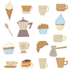 Colorful hand drawn vector set for kitchen and cafe design. Hand drawn colorful cups and pastry can be used for menu, ads, posters, stickers, prints