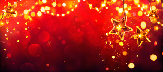 Red Christmas - Golden Stars Lights With Abstract Defocused Glitter

