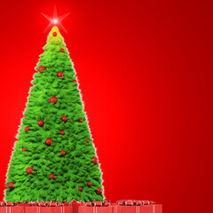 A green, Christmas tree wool made of fur is illuminated by a backlight on a red background. Christmas tree with round, red toys, a star surrounded by gifts. Space for text. 3D rendering