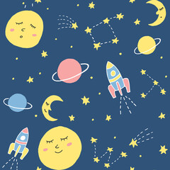 Cute vector seamless pattern with cosmic elements. Sleepy moon, planet, rocket and stars upon blue background