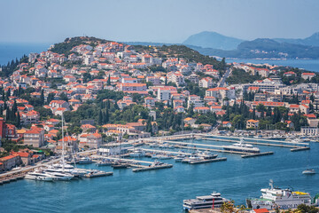 Fototapeta na wymiar Yacht marinas in Dubrovnik Bay in the Adriatic Sea, Croatia. Top view Panorama