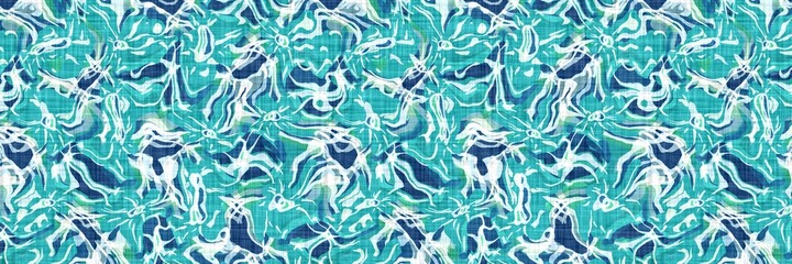Aegean teal mottled border strip linen texture background. Summer coastal living style home decor fabric effect. Sea green wash grunge edge material. Decorative textile seamless pattern banner. 