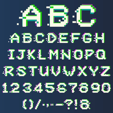 Pixel Alphabet With Glitch Effect, Vector Modern Font. Letters, Numbers, Punctuation Marks