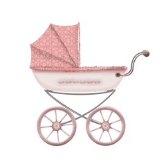 blue baby stroller for girl, watercolor style illustration, newborn clipart