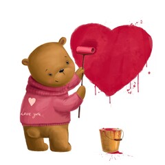 cute bear painting heart, valentines clipart, watercolor style illustration with cartoon character © MiriShagal