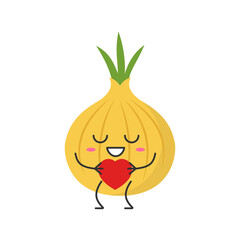 Onion cute character cartoon love sign heart favorite emotions joy happy smiling face icon beautiful vector illustration.