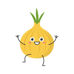 Onion greeting cute character cartoon emotions joy happy smiling face icon beautiful vector illustration.