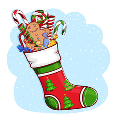 Christmas sock with gifts. Stocking with pattern of Xmas tree on a snow background. Festive decorations: lollipops (lollypops), Christmas gingerbread cookies, candies. Vector illustration. Hand drawn.