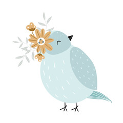 Illustration of a cute blue bird, robin with flowers in cartoon style