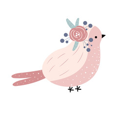 Illustration of a cute pink bird, robin with flowers in cartoon style