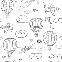 Seamless vector pattern, hand drawn hot air baloons flying in the sky. Pattern for backgrounds, wrapping paper, fabrics and other designs