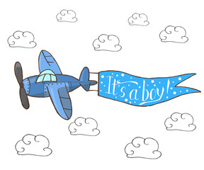 Vector illustration, blue plane flying in the sky with words "It's a boy!". Cute cartoon illustration for baby shower, greeting cards, prints and other decorations