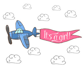 Vector illustration, blue plane flying in the sky with words "It's a girl!". Cute cartoon illustration for baby shower, greeting cards, prints and other decorations