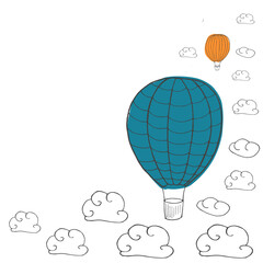 Obraz premium Vector illustration with hot air baloons flying in the sky with place for your text, vector frame. Vector template for cards, ads, invitations and other designs