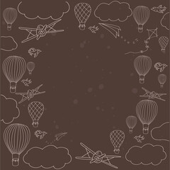 Vector banner with hot air baloons flying in the sky with place for your text, vector frame. White contour upon brown backgroung. Chalk board imitation