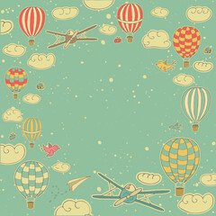 Vintage square frame with texture. Vector illustration with hot air balloons and planes in the sky. Creative template for posters, cards, invitations and othe designs with place for text. Esp 10