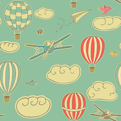 Vintage seamless pattern, vector illustration with hot air balloons, planes and birds flying in the blue sky with texture. Pattern for wrapping paper, fabrics and other designs