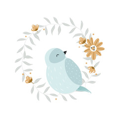 Illustration card of a cute blue bird with frame of flowers and leaf in cartoon style 
