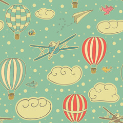 Vintage seamless pattern, vector illustration with hot air balloons, planes and birds flying in the blue sky with texture. Pattern for wrapping paper, fabrics and other designs