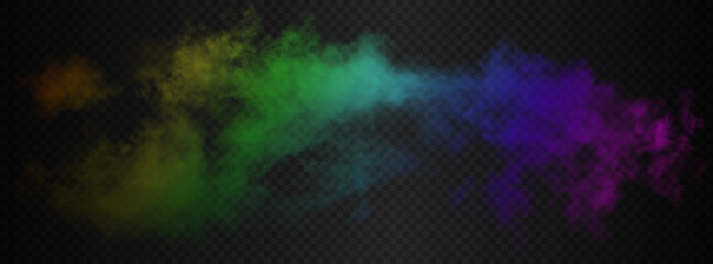 One colorful long side rainbow smoke cloud of red, orange, yellow, green, blue, purple and pink colors isolated on dark semi transparent background. Gradient fog vector illustration