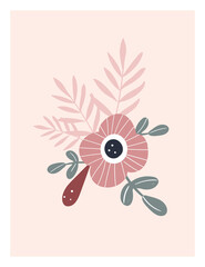 Illustration card pink bouquet flowers, leaves, twigs in cartoon style