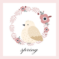 Obraz premium Illustration card of a cute pink bird with frame of flowers and leaf in cartoon style with text