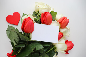 happy valentine's day greeting card. bouquet of flowers and red heart