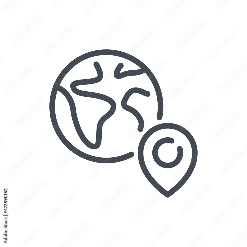 Poster planet earth with pin line icon. global location with place pointer vector outline sign.
