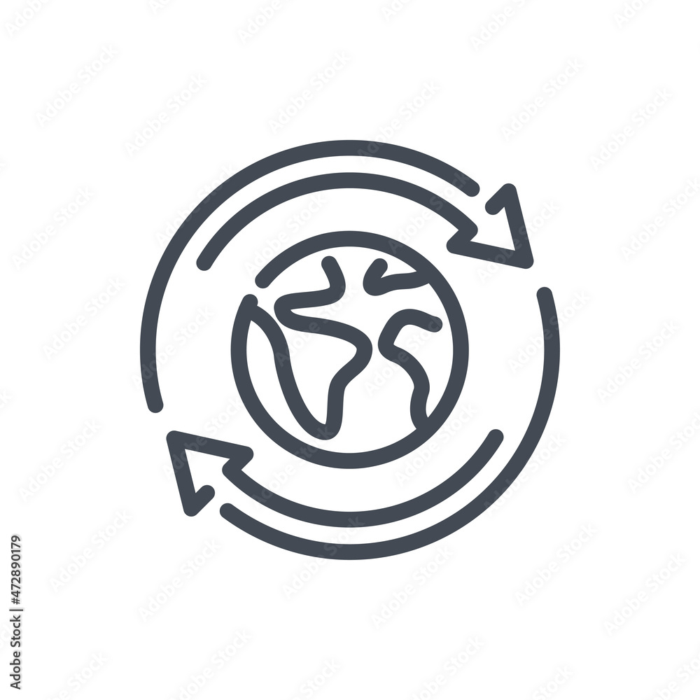 Poster planet earth with rotating arrows line icon. globe and planet rotation vector outline sign.