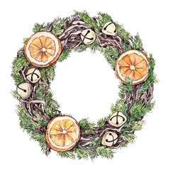 Watercolor sketch Christmas wreath with orange