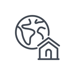 Planet Earth with house building line icon. Home location on globe vector outline sign.