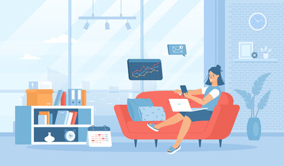 Freelance concept. Online web job, internet worker, employee workplace.Girl working from home couch. Flat cartoon vector illustration with people characters for banner, website design landing web page