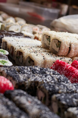 sushi set on the table, macro, close-up, various sushi and rolls, food, asian cuisine