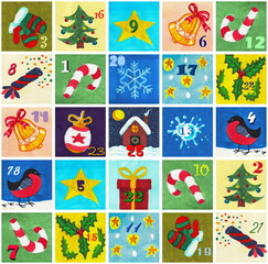 New Year's background: Advent calendar. Handmade watercolor in Christmas style. A set of festive objects: mittens, a candy cane, star, a bell, snowflakes, bullfinches. Winter holiday poster with dates