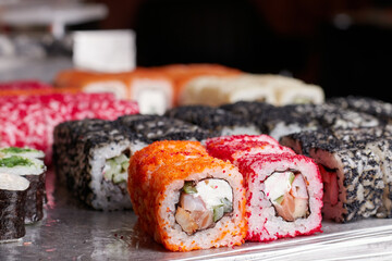 sushi set on the table, macro, close-up, various sushi and rolls, food, asian cuisine