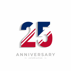 25 Year Anniversary Celebration with White Slash in Red and Blue American Flag Color. Happy Anniversary Greeting Celebrates Event Isolated on White Background