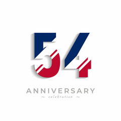 54 Year Anniversary Celebration with White Slash in Red and Blue American Flag Color. Happy Anniversary Greeting Celebrates Event Isolated on White Background