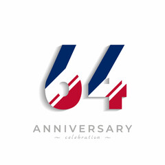 64 Year Anniversary Celebration with White Slash in Red and Blue American Flag Color. Happy Anniversary Greeting Celebrates Event Isolated on White Background
