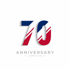 70 Year Anniversary Celebration with White Slash in Red and Blue American Flag Color. Happy Anniversary Greeting Celebrates Event Isolated on White Background