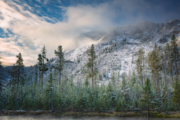 Early autumn snow along Madison River, Yellowstone National Park, Wyoming