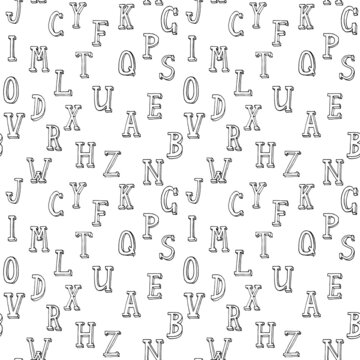 Alphabetical vector seamless pattern. 3d serif doodle font. Abc black and white pattern for backgrounds, wrapping paper, fabrics, packaging and other designs