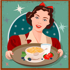Retro photo of a girl with breakfast on a tray
